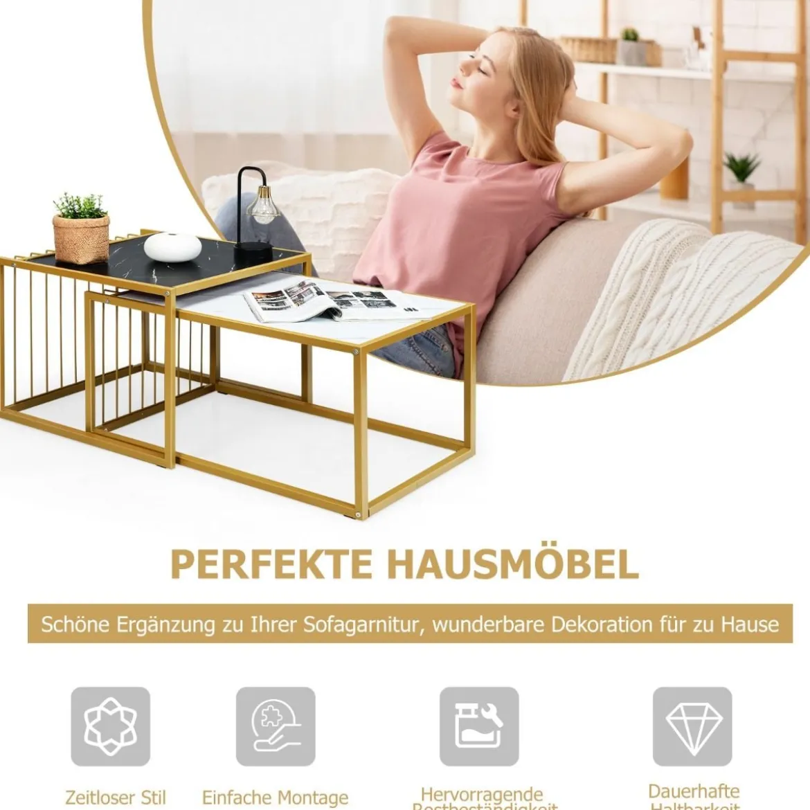 2 x Beistelltisch Set Couchtisch Satztische Marmor Moderner Satztisch Gelb + Schwarz + Weiß