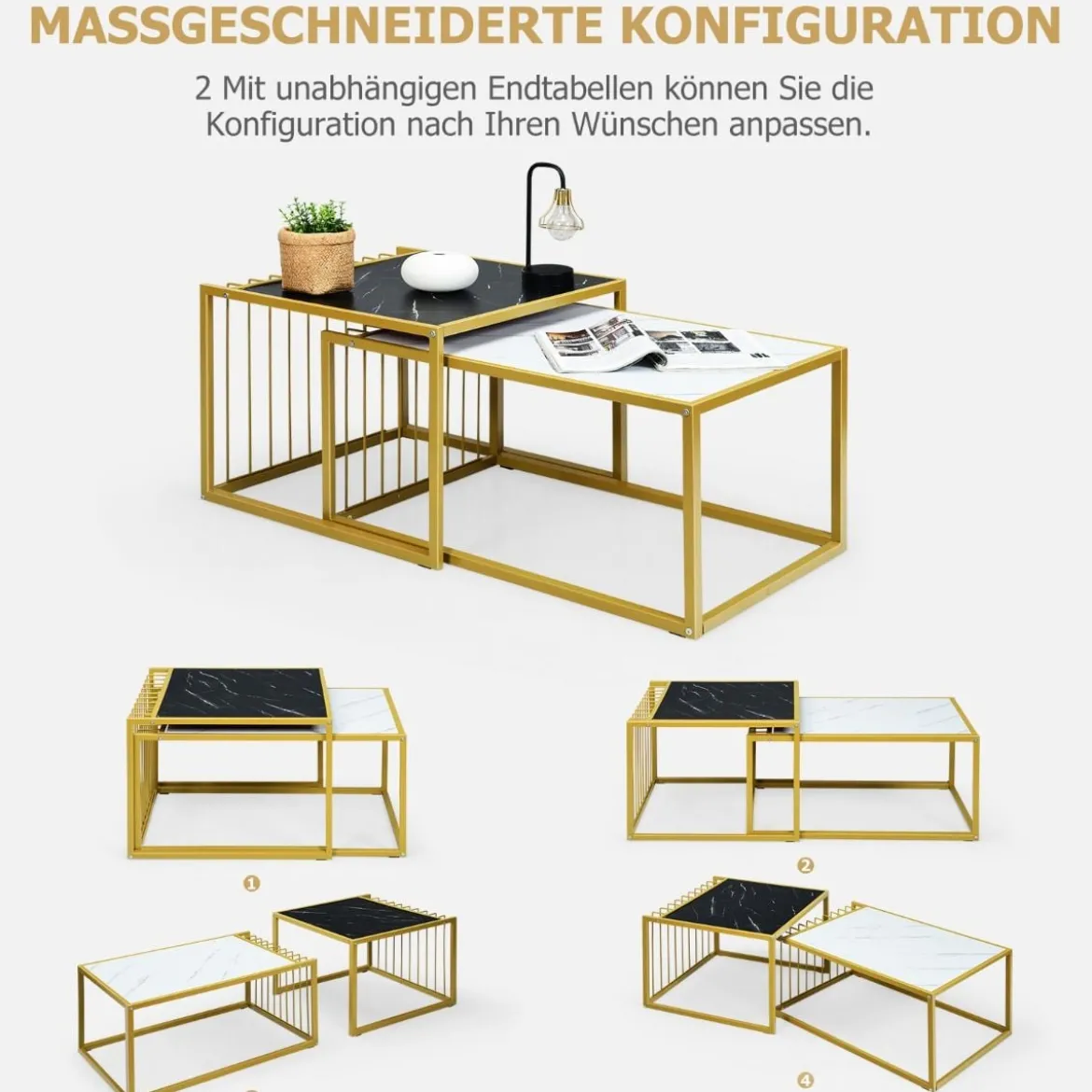 2 x Beistelltisch Set Couchtisch Satztische Marmor Moderner Satztisch Gelb + Schwarz + Weiß