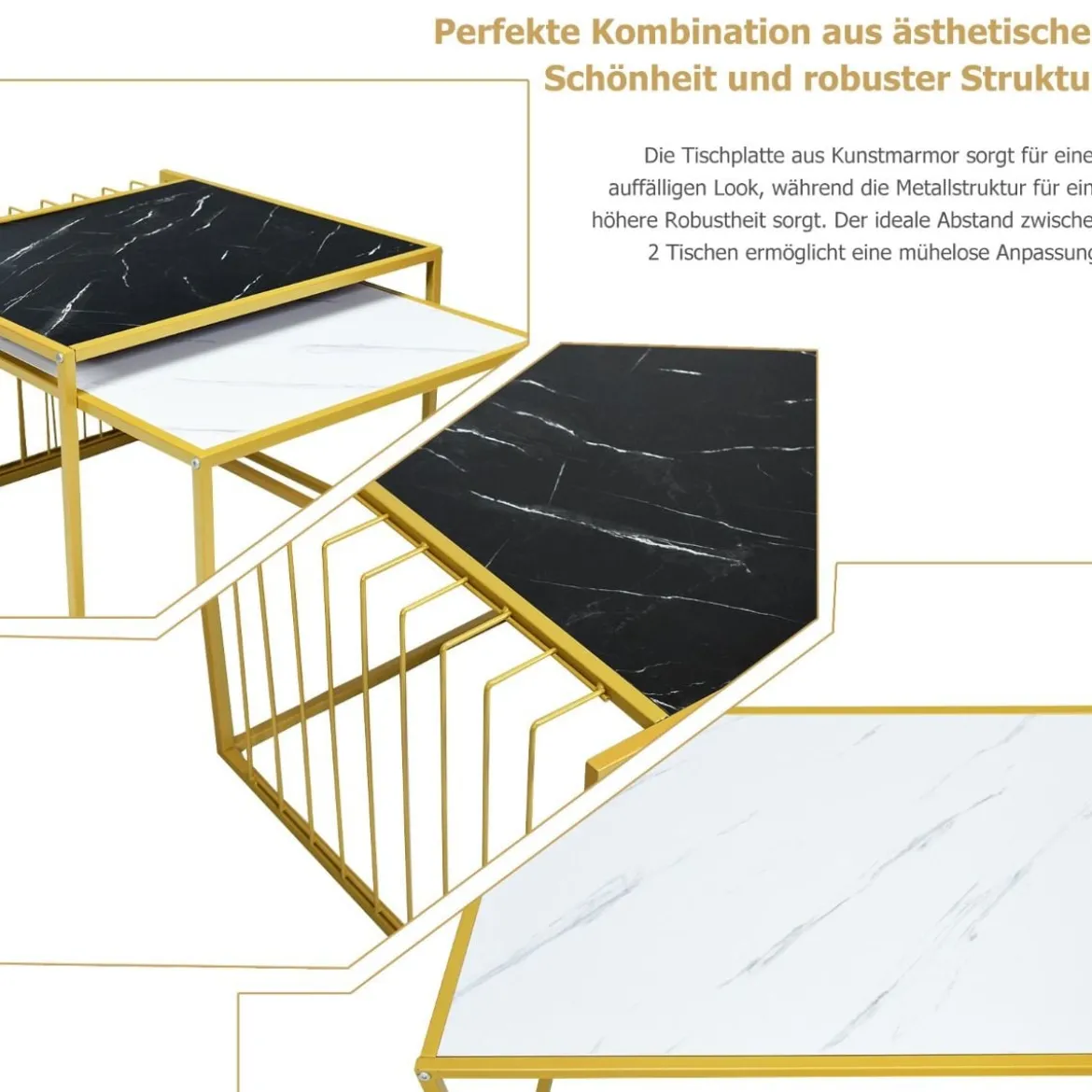 2 x Beistelltisch Set Couchtisch Satztische Marmor Moderner Satztisch Gelb + Schwarz + Weiß