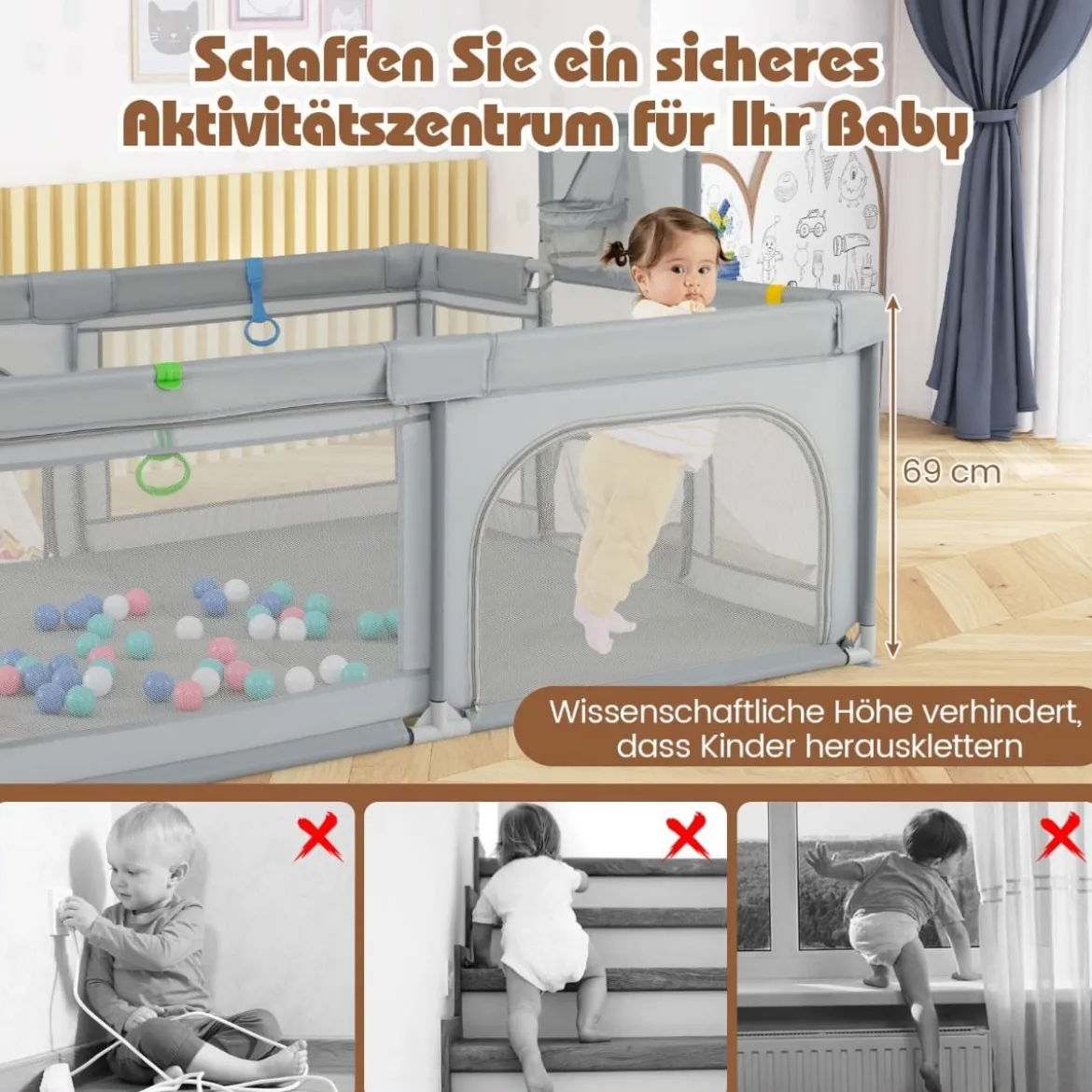 188 x 157 cm Baby Laufstall mit Basketballkorb Fußballtor faltbarem Kleinkind-Laufgitter mit Reißverschlusstür Hellgrau