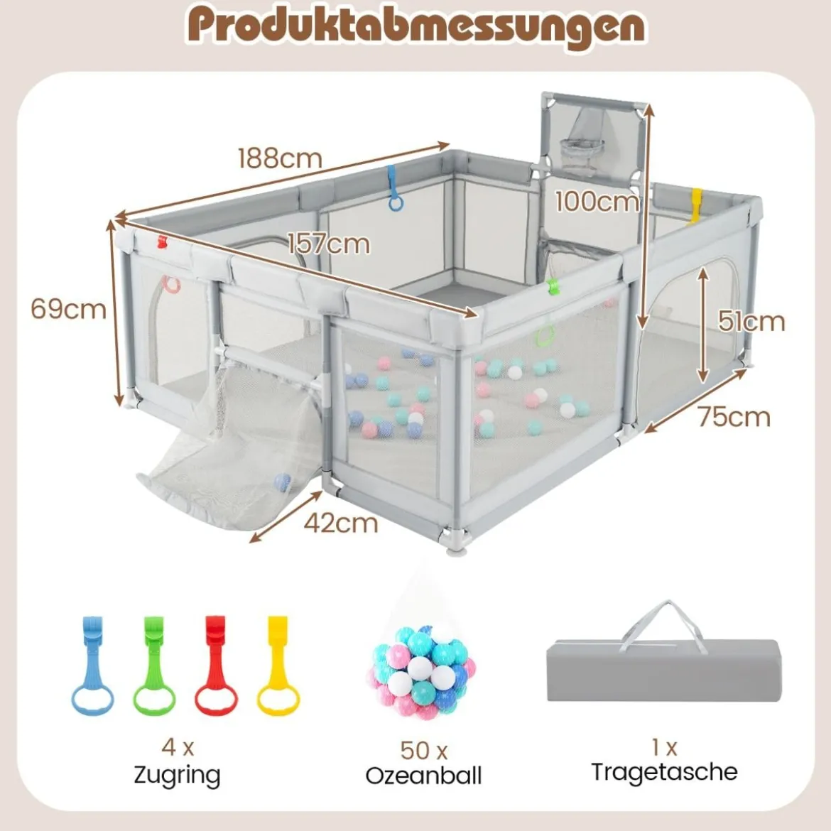 188 x 157 cm Baby Laufstall mit Basketballkorb Fußballtor faltbarem Kleinkind-Laufgitter mit Reißverschlusstür Hellgrau