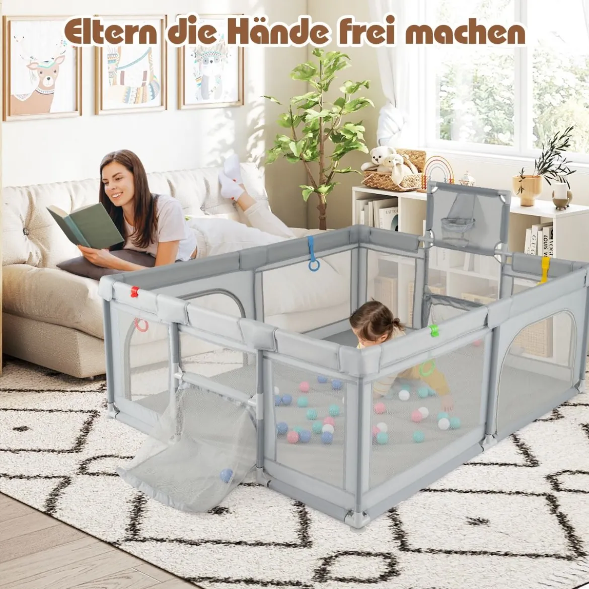 188 x 157 cm Baby Laufstall mit Basketballkorb Fußballtor faltbarem Kleinkind-Laufgitter mit Reißverschlusstür Hellgrau