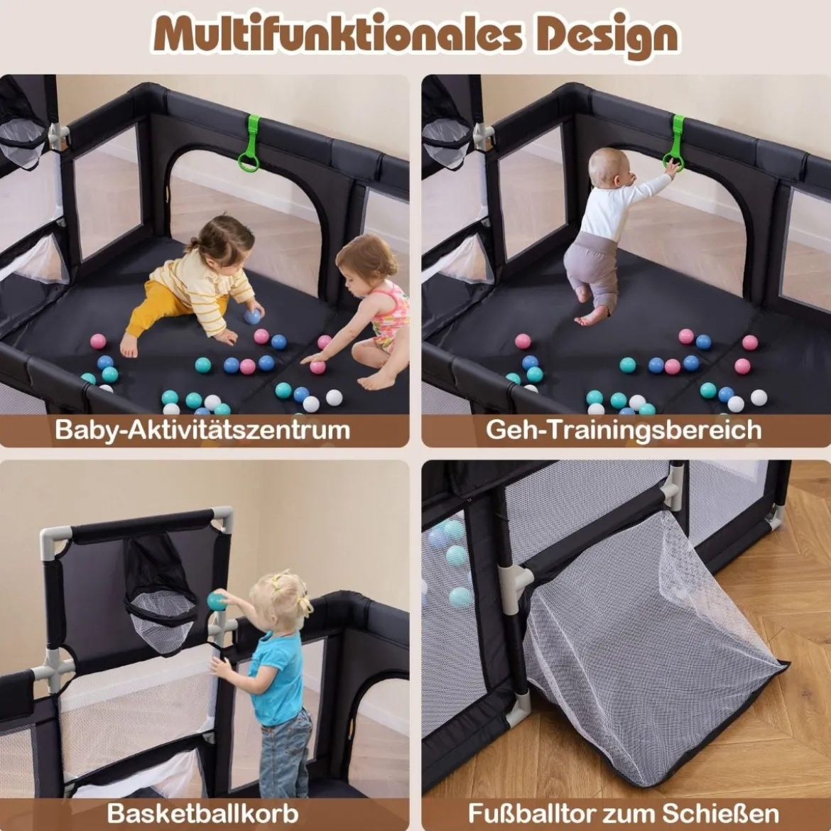 188 x 157 cm Baby Laufstall mit Basketballkorb Fußballtor faltbarem Kleinkind-Laufgitter mit Reißverschlusstür Dunkelgrau