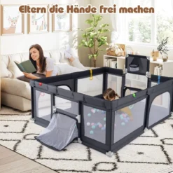 188 x 157 cm Baby Laufstall mit Basketballkorb Fußballtor faltbarem Kleinkind-Laufgitter mit Reißverschlusstür Dunkelgrau