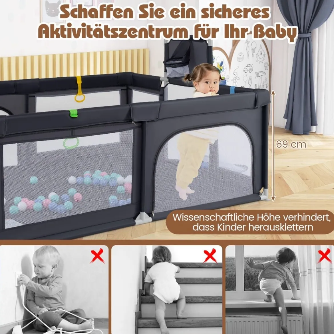 188 x 157 cm Baby Laufstall mit Basketballkorb Fußballtor faltbarem Kleinkind-Laufgitter mit Reißverschlusstür Dunkelgrau