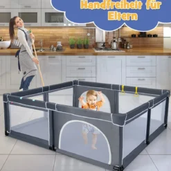 206 x 186cm Baby Laufstall mit Matratze Laufgitter mit 50 Spielbällen (Dunkelgrau Laufstall +Rosa Matratze)
