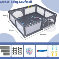 206 x 186cm Baby Laufstall mit Matratze Laufgitter mit 50 Spielbällen (Dunkelgrau Laufstall +Rosa Matratze)