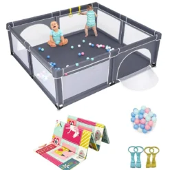206 x 186cm Baby Laufstall mit Matratze Laufgitter mit 50 Spielbällen (Dunkelgrau Laufstall +Rosa Matratze)