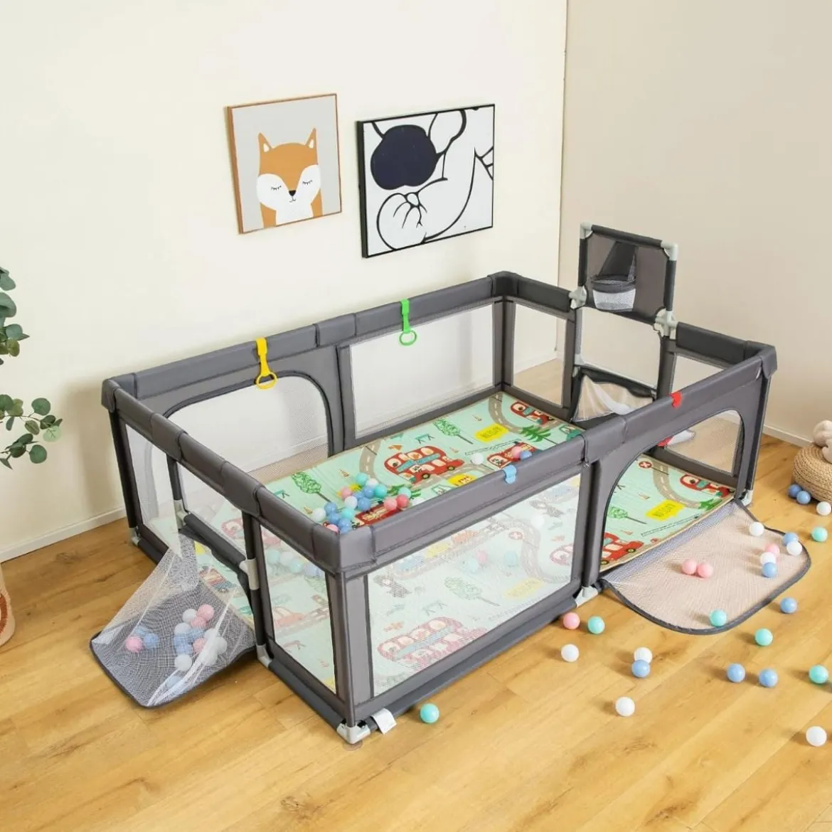 188 x 157cm Baby Laufstall mit Matratze & Basketballkorb & Fußballnetzen Laufgitter Dunkelgrau