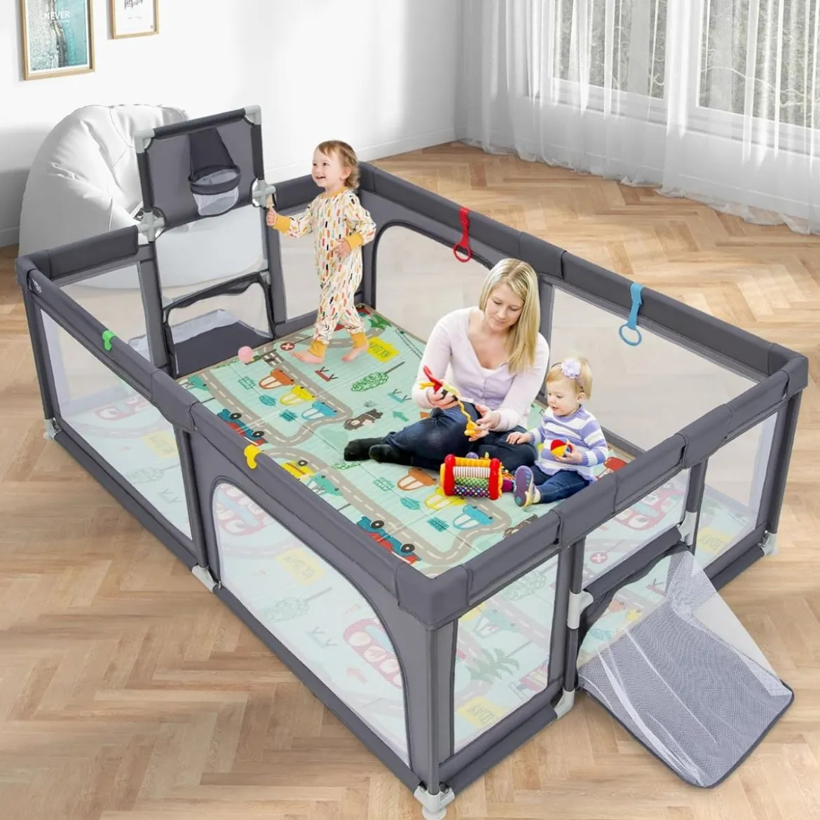 188 x 157cm Baby Laufstall mit Matratze & Basketballkorb & Fußballnetzen Laufgitter Dunkelgrau