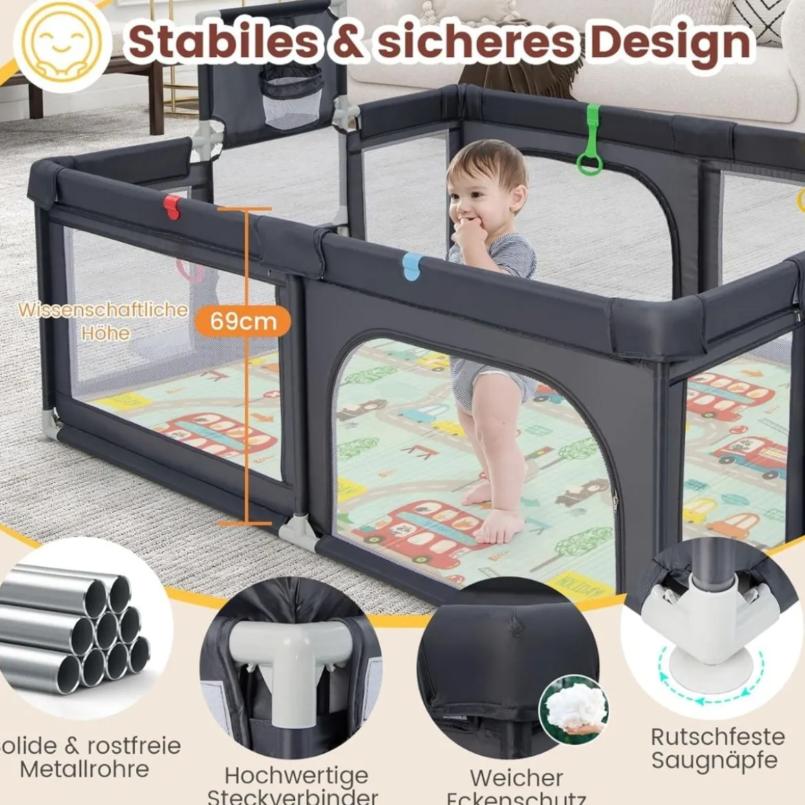 188 x 157cm Baby Laufstall mit Matratze & Basketballkorb & Fußballnetzen Laufgitter Dunkelgrau