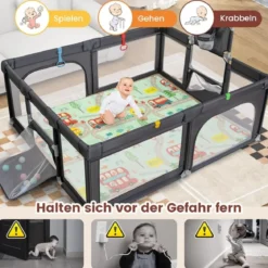 188 x 157cm Baby Laufstall mit Matratze & Basketballkorb & Fußballnetzen Laufgitter Dunkelgrau