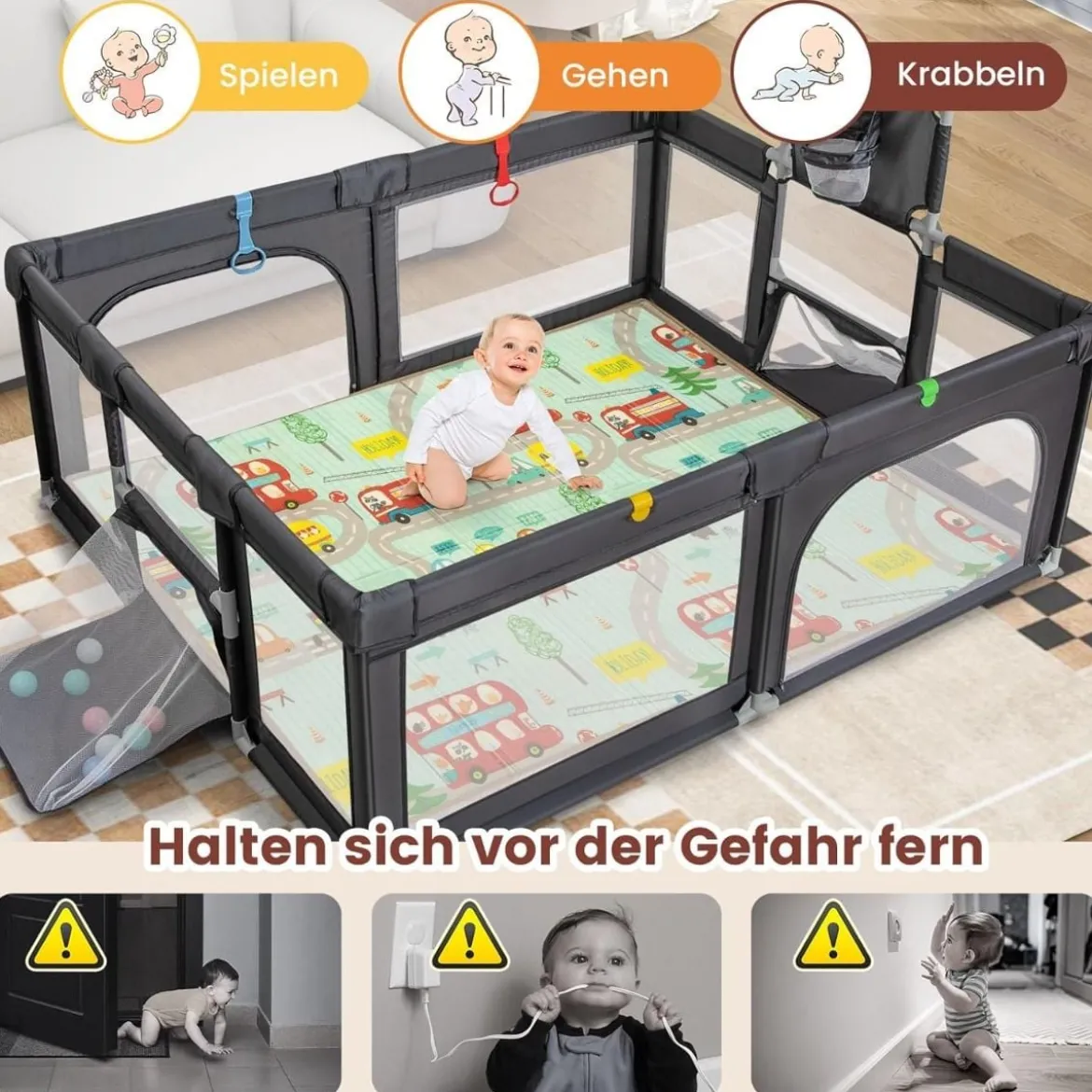 188 x 157cm Baby Laufstall mit Matratze & Basketballkorb & Fußballnetzen Laufgitter Dunkelgrau