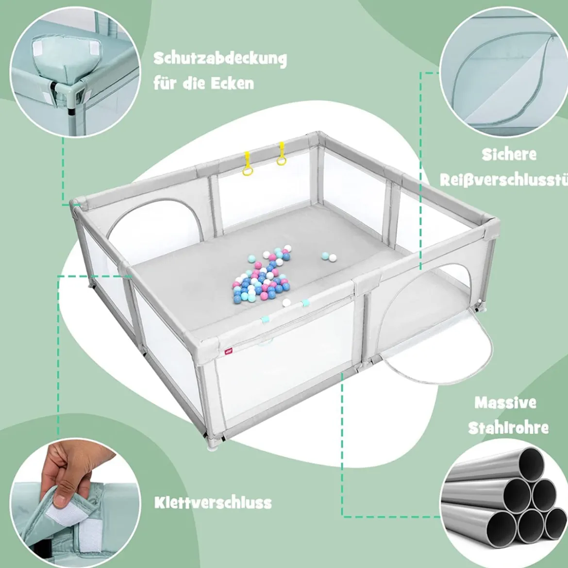 206 x 186cm Baby Laufstall mit Matratze Laufgitter mit 50 Spielbällen (Grau Laufstall + Rosa Matratze)