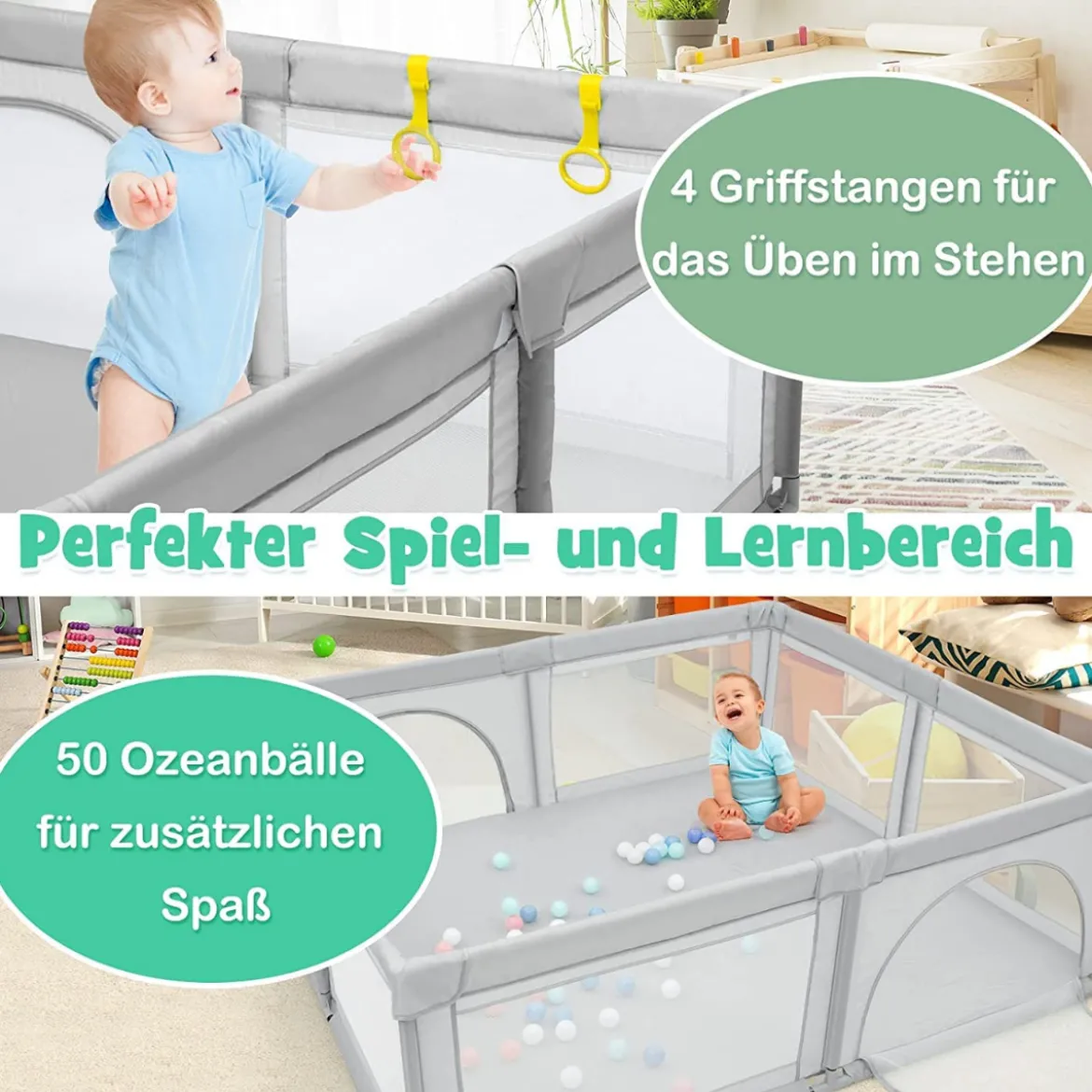 206 x 186cm Baby Laufstall mit Matratze Laufgitter mit 50 Spielbällen (Grau Laufstall + Rosa Matratze)