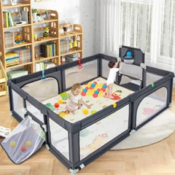 207 x 145 cm Baby Laufstall mit Matratze & Basketballkorb Krabbelgitter mit atmungsaktivem Netz Dunkelgrau