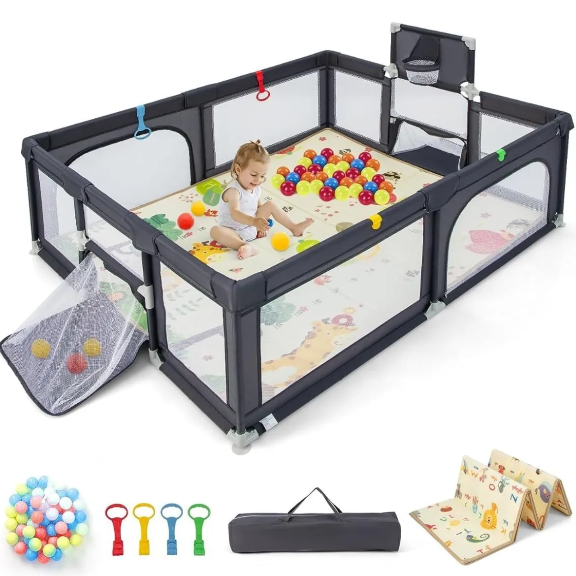 207 x 145 cm Baby Laufstall mit Matratze & Basketballkorb Krabbelgitter mit atmungsaktivem Netz Dunkelgrau