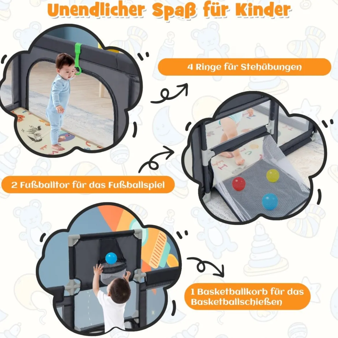 207 x 145 cm Baby Laufstall mit Matratze & Basketballkorb Krabbelgitter mit atmungsaktivem Netz Dunkelgrau