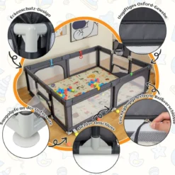 207 x 145 cm Baby Laufstall mit Matratze & Basketballkorb Krabbelgitter mit atmungsaktivem Netz Dunkelgrau