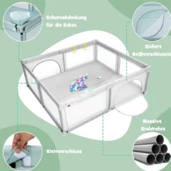 206 x 186cm Baby Laufstall mit Matratze Laufgitter mit 50 Spielbällen (Grau Laufstall + Grün Matratze)