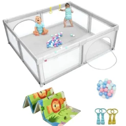 206 x 186cm Baby Laufstall mit Matratze Laufgitter mit 50 Spielbällen (Grau Laufstall + Grün Matratze)