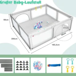 206 x 186cm Baby Laufstall mit Matratze Laufgitter mit 50 Spielbällen (Grau Laufstall + Grün Matratze)