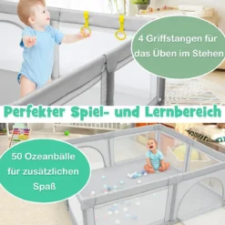 206 x 186cm Baby Laufstall mit Matratze Laufgitter mit 50 Spielbällen (Grau Laufstall + Grün Matratze)