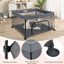 138 x 138 cm Baby Laufstall mit Netz Klappbarer Laufgitter mit Tragetasche Dunkelgrau