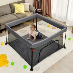 138 x 138 cm Baby Laufstall mit Netz Klappbarer Laufgitter mit Tragetasche Dunkelgrau