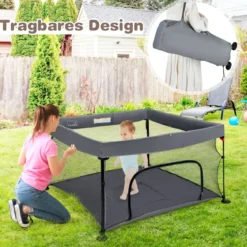 138 x 138 cm Baby Laufstall mit Netz Klappbarer Laufgitter mit Tragetasche Dunkelgrau