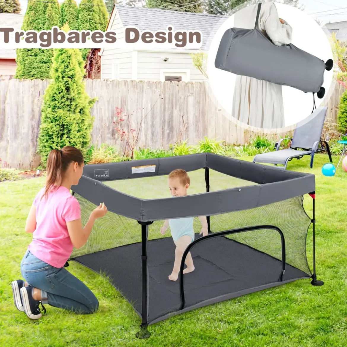138 x 138 cm Baby Laufstall mit Netz Klappbarer Laufgitter mit Tragetasche Dunkelgrau