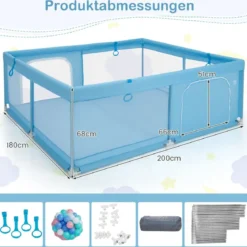 200 x 180 cm Baby Laufstall mit 50 Ozeanbällen & 4 Griffen & Tür Laufgitter Krabbelgitter Dunkelblau