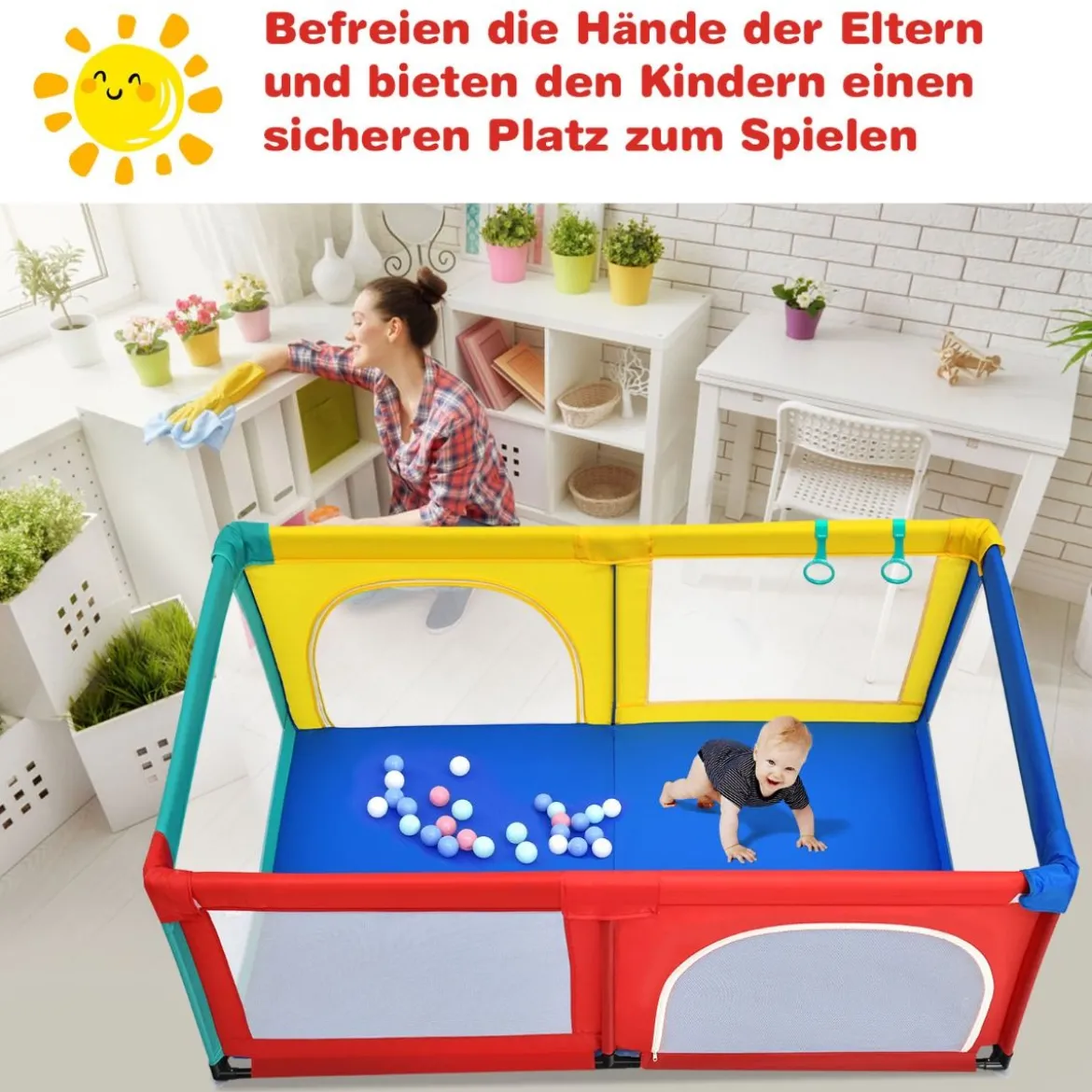 120 x 190 cm Baby Laufstall mit 50 Spielbällen Laufgitter mit Netz und Reißverschluss
