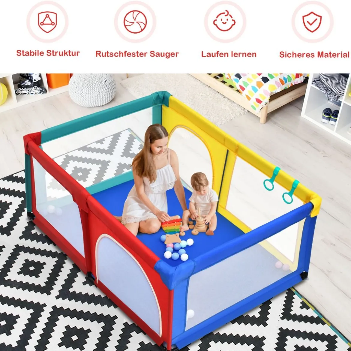 120 x 190 cm Baby Laufstall mit 50 Spielbällen Laufgitter mit Netz und Reißverschluss