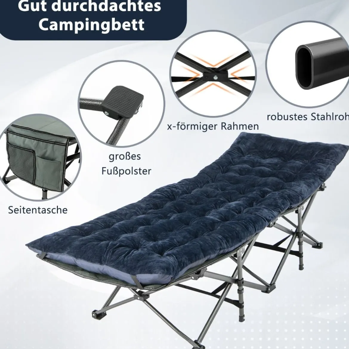 190 x 70 cm Baumwolle Feldbett Auflage 7 cm Dicke Martratze mit 4 Befestigungsbändern Blau