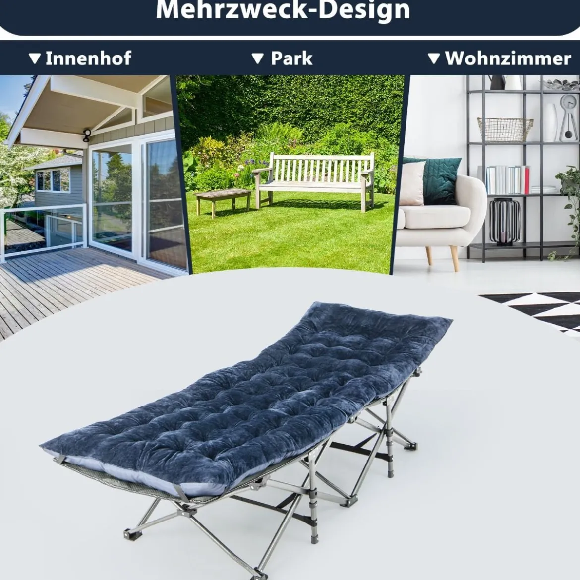 190 x 70 cm Baumwolle Feldbett Auflage 7 cm Dicke Martratze mit 4 Befestigungsbändern Blau