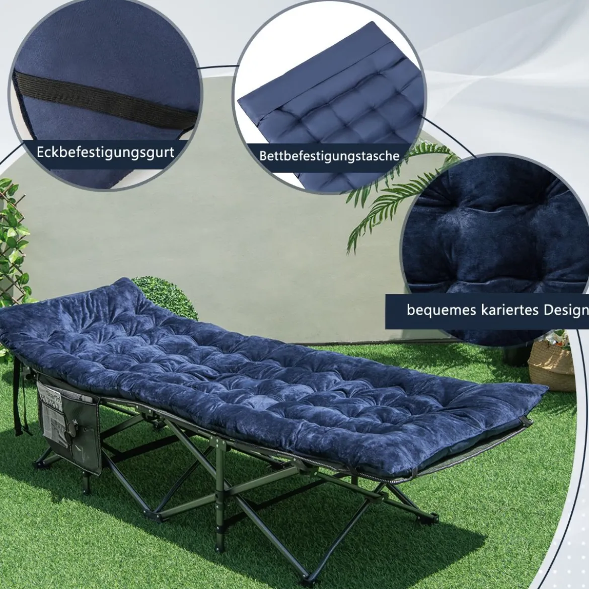 190 x 70 cm Baumwolle Feldbett Auflage 7 cm Dicke Martratze mit 4 Befestigungsbändern Blau