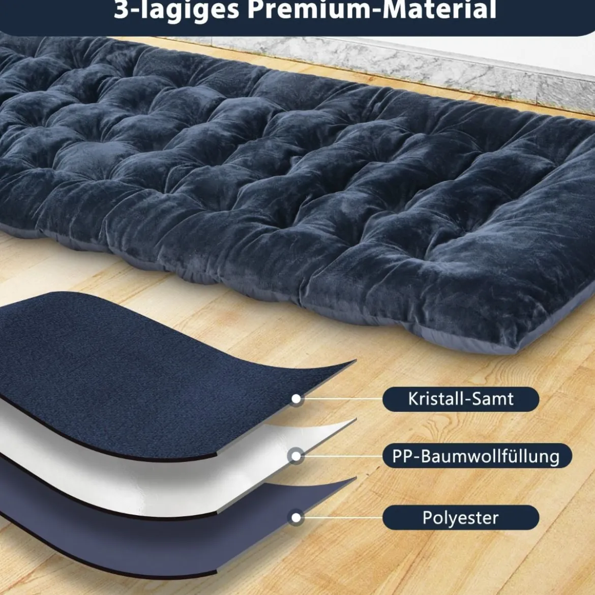 190 x 70 cm Baumwolle Feldbett Auflage 7 cm Dicke Martratze mit 4 Befestigungsbändern Blau