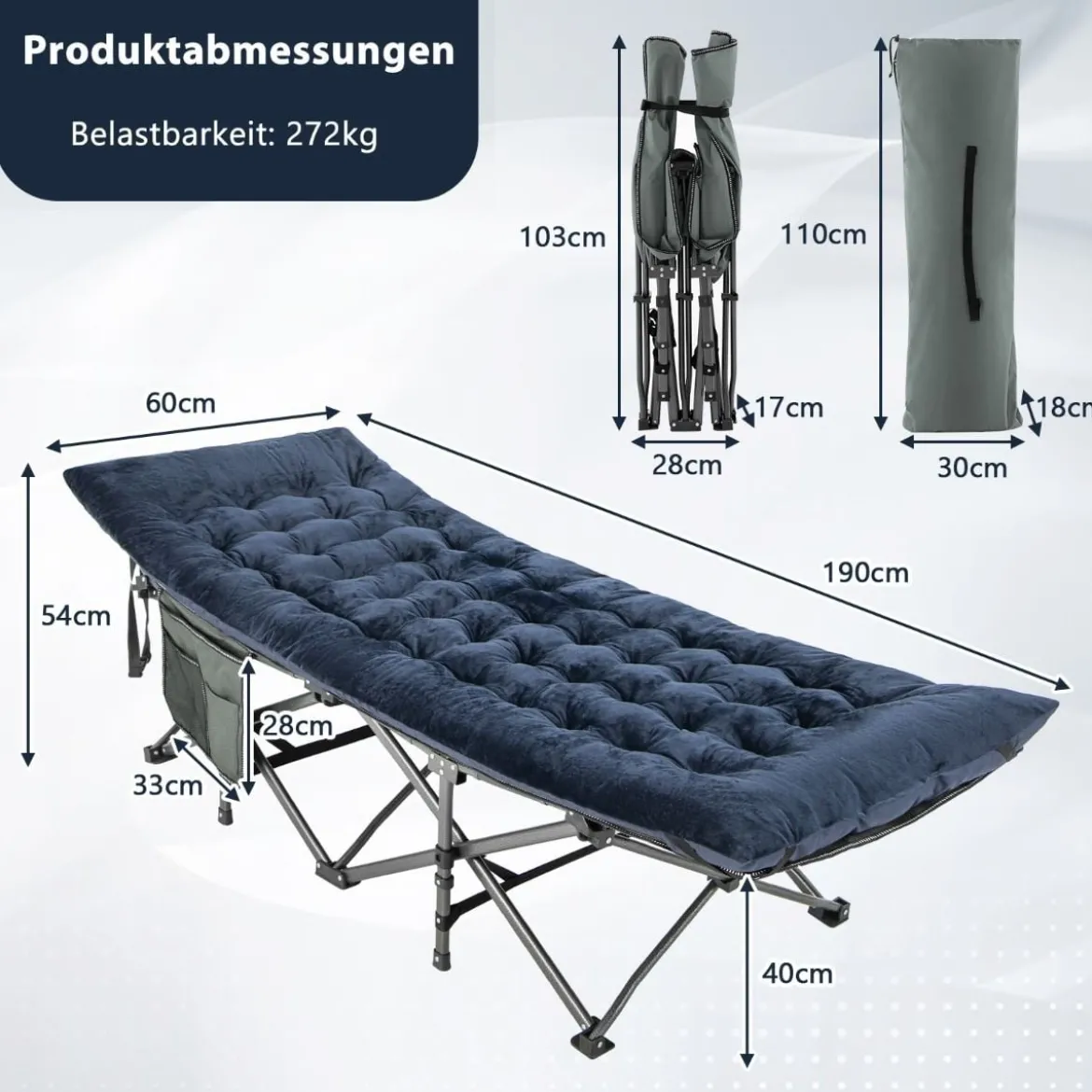 190 x 70 cm Baumwolle Feldbett Auflage 7 cm Dicke Martratze mit 4 Befestigungsbändern Blau