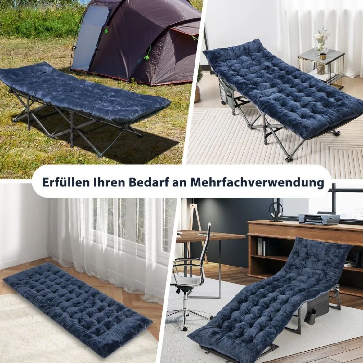 190 x 70 cm Baumwolle Feldbett Auflage 7 cm Dicke Martratze mit 4 Befestigungsbändern Blau
