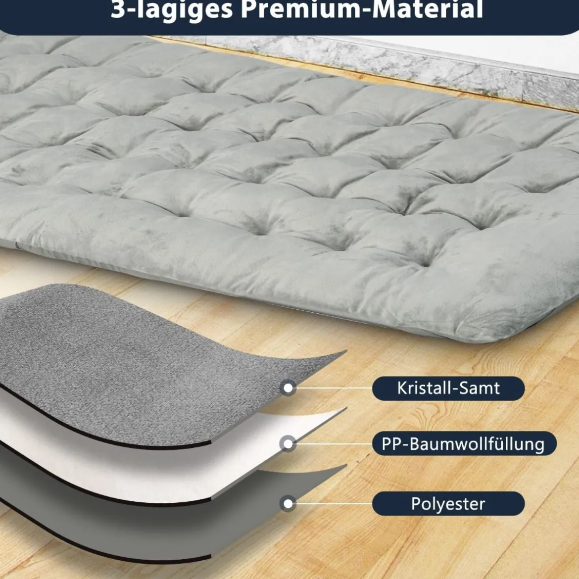 190 x 70 cm Baumwolle Feldbett Auflage 7 cm Dicke Martratze mit 4 Befestigungsbändern Grau