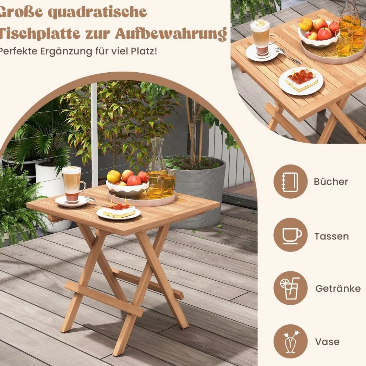 50 x 50 cm Beistelltisch klappbar wetterfester Klapptisch aus Teakholz quadratischer Balkontisch Natur