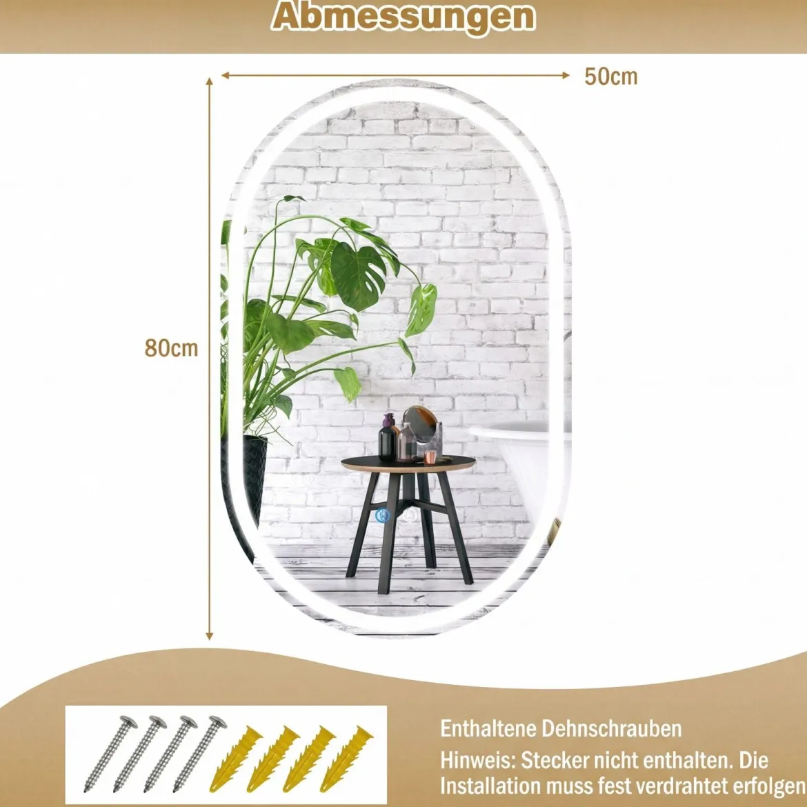 80 x 50 cm beleuchteter Badezimmerspiegel für die Wand hinterleuchteter bruchsicherer Spiegel Silber