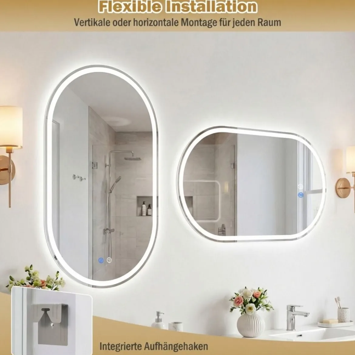 90 x 55 cm Beleuchteter Badspiegel mit Anti-Beschlag-Funktion Wandspiegel Ovaler Spiegel