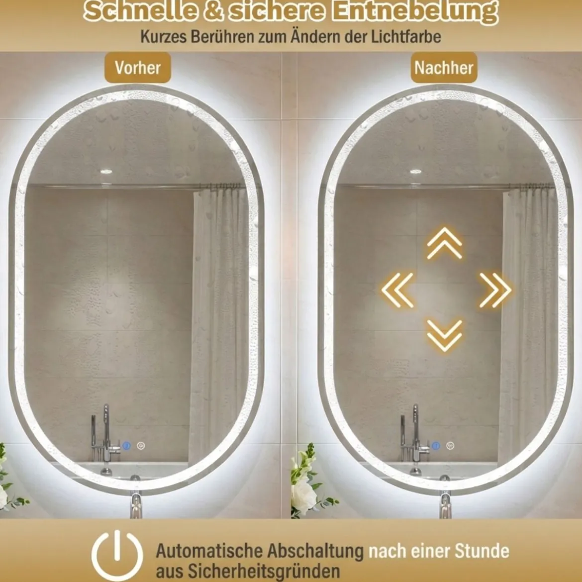 90 x 55 cm Beleuchteter Badspiegel mit Anti-Beschlag-Funktion Wandspiegel Ovaler Spiegel