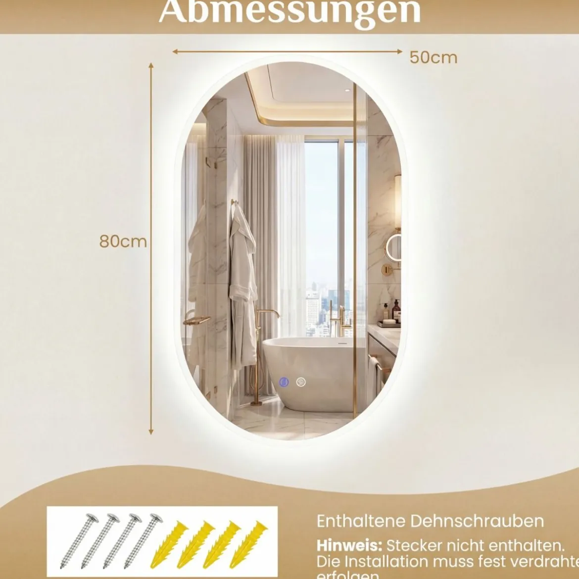 80 x 50cm Beleuchteter Badspiegel mit Anti-Beschlag-Funktion Wandspiegel Ovaler Spiegel