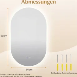 90 x 55 cm beleuchteter Spiegel für Badezimmerwand hinterleuchteter sicherer Spiegel Silber