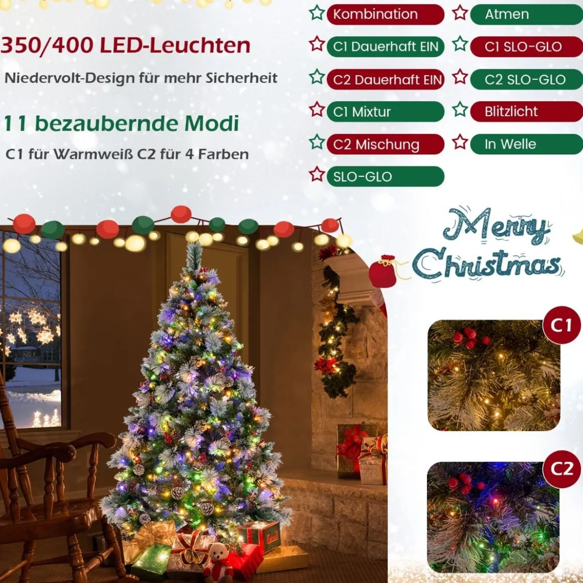 Ø110 x 185 cm Beleuchteter Weihnachtsbaum mit Kiefernnadeln Grün + Weiß