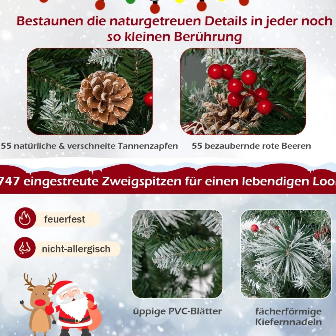 Ø110 x 185 cm Beleuchteter Weihnachtsbaum mit Kiefernnadeln Grün + Weiß