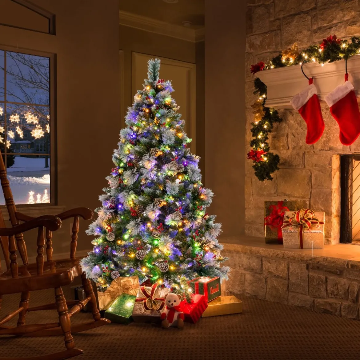 Ø110 x 185 cm Beleuchteter Weihnachtsbaum mit Kiefernnadeln Grün + Weiß